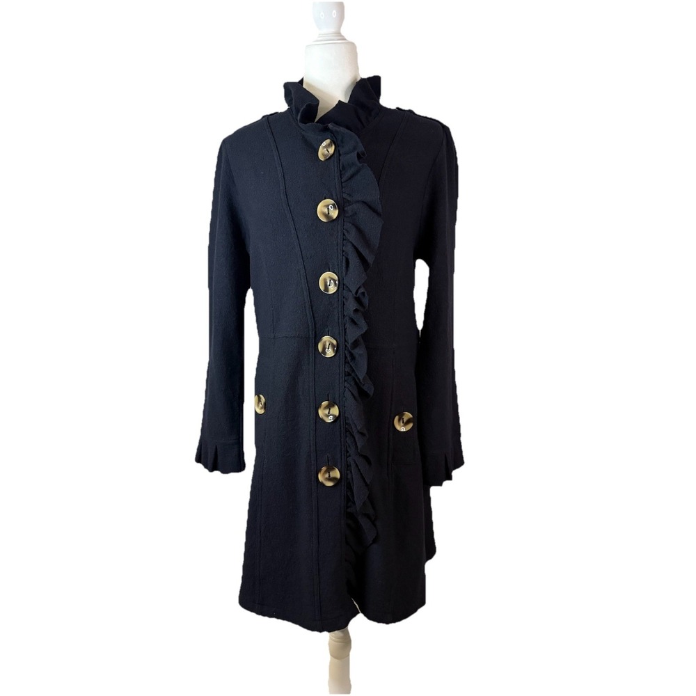 Luii Anthropologie Coat Womens Sz M Navy Blue Wool Ruffle Button Down Long